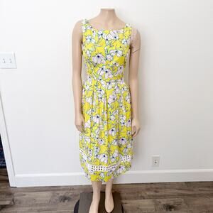 [Eliza J] Yellow Floral Print Fit & Flare Bateau Neck Pleated Midi Dress Size 16